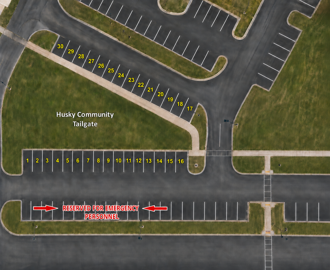 Aerial map of the Husky Community Tailgate lot with numbered spots 1 through 30